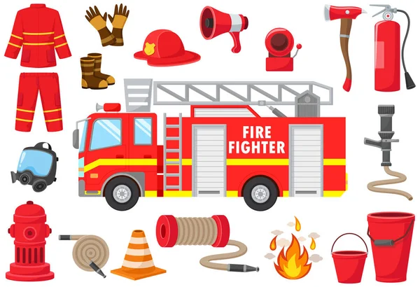 Illustrazione Vettoriale Set Elementi Antincendio Cartone Animato — Vettoriale Stock
