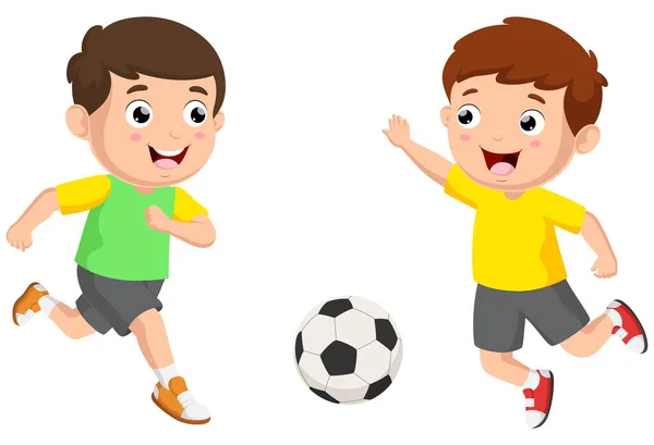 Ilustração Vetorial Crianças Bonitos Desenhos Animados Jogando Futebol — Vetor de Stock
