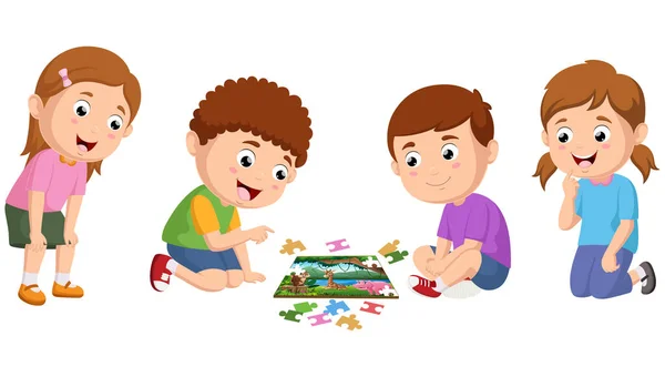 Vector Illustration Cute Little Kids Cartoon Playing Puzzle — Stock Vector