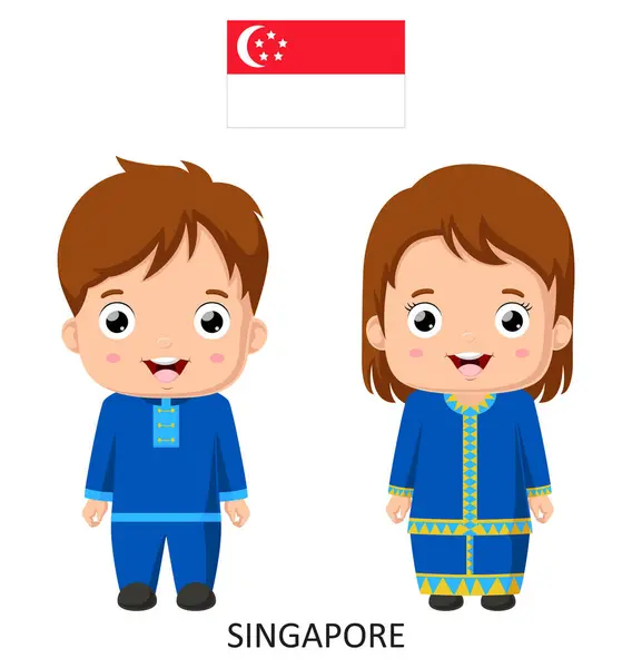 Vector Illustration Cute Singapore Boy Girl National Clothes — Stock Vector
