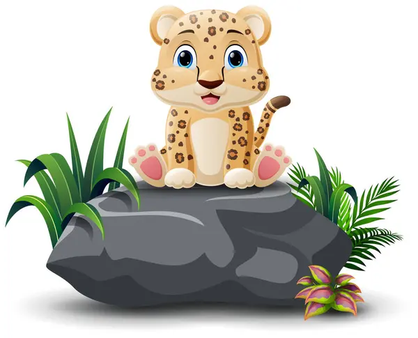 Vektor Ilustrasi Kartun Macan Tutul Lucu Duduk Atas Batu Stok Ilustrasi 