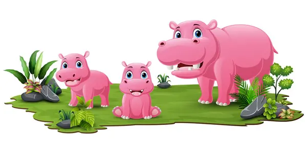 Vektor Ilustrasi Lucu Keluarga Hippos Kartun Rumput Stok Vektor