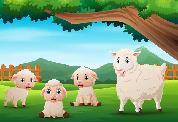 Illustration Vectorielle Groupe Moutons Dans Paysage Agricole Vecteurs De Stock Libres De Droits