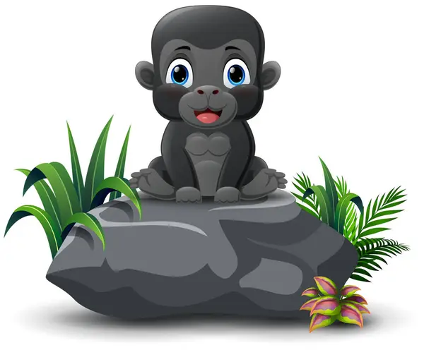 Ilustración Vectorial Dibujos Animados Lindo Bebé Gorila Sentado Piedra Vector De Stock