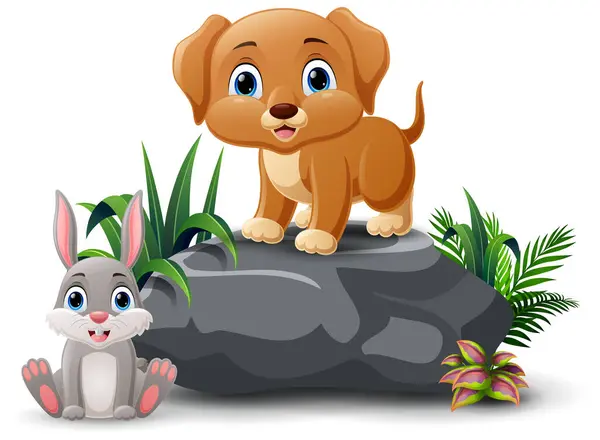 Vektor Ilustrasi Kartun Bayi Anjing Dan Kelinci Duduk Batu Grafik Vektor