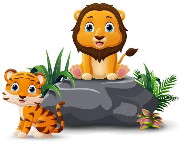 Illustration Vectorielle Bébé Lion Tigre Dessinés Assis Sur Pierre Vecteurs De Stock Libres De Droits