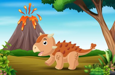 Cartoon little ankylosaurus playing with volcano erupting background clipart