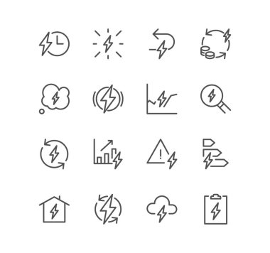 Enerji ile ilgili ikonlar, enerji maliyetleri, çevre dostu güç ve doğrusal çeşitlilik vektörleri kümesi.