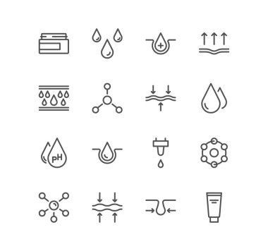 Cilt bakımıyla ilgili ikonlar, nem kremi, kırışıklık önleyici, serum, seramik, kolajen, asit, güneş kremi çeşitlemesi vektörleri.