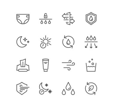 Bebek bezi ve bebek pantolonu seti simgeleri, soğurma, solunabilir, pamuk, bebek bezi ve doğrusal çeşitlilik vektörleri.