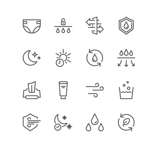 Bebek bezi ve bebek pantolonu seti simgeleri, soğurma, solunabilir, pamuk, bebek bezi ve doğrusal çeşitlilik vektörleri.