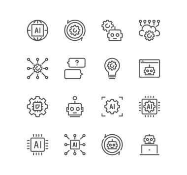 Yapay zeka ikonları, makine öğrenme, akıllı robot, bulut hesaplama, çözme, yüz tanıma, algoritma ve doğrusal çeşitlilik vektörleri kümesi.