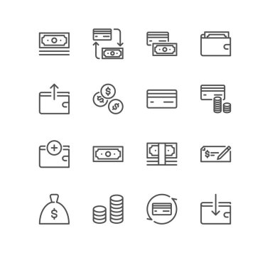 Ödeme metodu ikonları, nakit para, sikkeler, kredi kartı, cüzdan, banka çeki, nakit ödeme, makbuz, bağlantısız satın alma ve doğrusal çeşitlilik vektörleri.