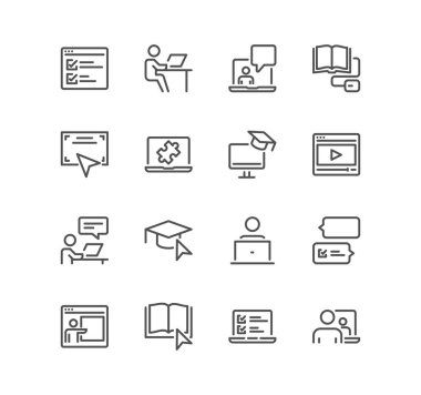 Set of online education related icons, education plan, video tutorial, webinar, learning, graduation and linear variety vectors. clipart