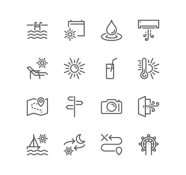 Seyahat ve tatil ikonları, güneş yatağı, yüzme havuzu, dümen, yön işareti, tekne, rota, rüzgar, kamera, güneş, plaj elementleri ve doğrusal çeşitlilik vektörleri.