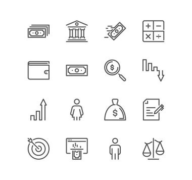 Finansla ilgili ikonlar, para, borsa, sözleşme, takas, hedef, banka güvenliği, tasarruflar, yatırım, para birimi, gelir, gelir ve doğrusal çeşitlilik vektörleri.