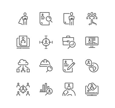 Kelle avcılığı ile ilgili simgeler, özgeçmiş, yürütme araması, çalışma grubu, kendini tanıtma, şirket organizasyonu, insan koleksiyonu ve doğrusal çeşitlilik vektörleri.