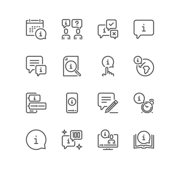 Resepsiyonla ilgili simgeler, bilgiler, seyahat yolu, rehberlik kitabı, bilgi merkezi, faq sohbet baloncukları, bilgi yardım masası, soru işareti, arama bilgisi ve doğrusal çeşitlilik vektörleri kümesi.