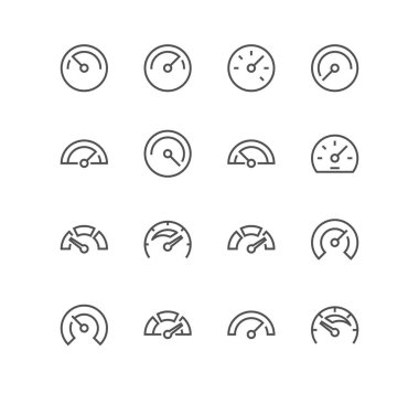 Hız göstergesi ile ilgili simgeler, kilometre göstergesi, gösterge paneli, araba hız göstergesi, verimlilik, hız, gösterge ve doğrusal çeşitlilik vektörleri kümesi.