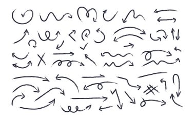 Kömür okları ve el çizimi kavisli oklar, el yazması farklı çizgiler, karalama stili işaretleyici çizimi, siyah tebeşir çizgileri, beyaz arkaplan vektör çiziminde yön işaretleyici.