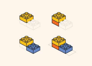 Şema oyuncağı yapı taşı, çocuklar için tuğlalar. Vektör izometrik illüstrasyon.