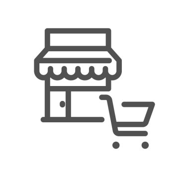 Beyaz arka planda izole edilmiş alışveriş arabası olan bir mağaza. 