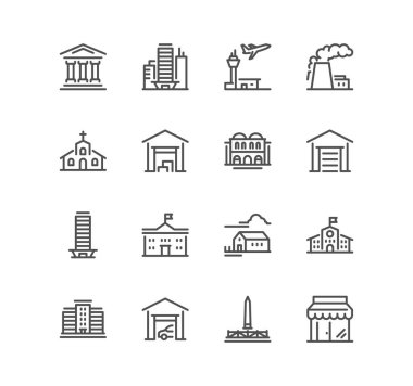 Beyaz arkaplanda izole edilmiş bina simgeleri 