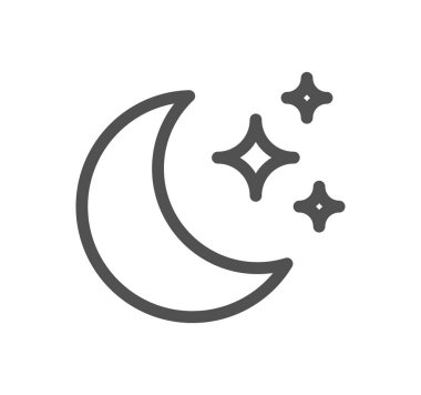 Ay çizgisi simgesine sahip yıldızlar, ana hat vektör işareti, beyaz üzerinde izole edilmiş doğrusal piktogram