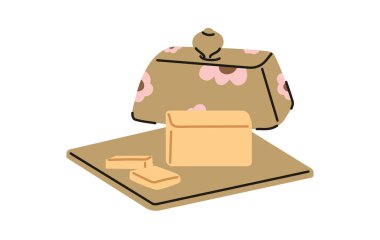 Tatlı romantik seramik çift çubuklu tereyağı tabağı, taze süt ürünü, tereyağı barı, kremalı yağ yiyeceği, kahvaltı malzemesi, beyaz arka planda düz vektör çizimi..