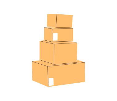 Karton kutu, paketlenmiş kargo, yığınla kutu, mal, paket yığını, yığınla karton kutu, karton kutular, depo depolama, kargo nakliyesi veya düz vektör çizimi için paketlenmiş eşyalar..
