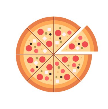 Pizza dilimleri, fast food menüsü, karton kutuda pizza, İtalyan sıcak fast food ve erimiş peynirli dilimler, üçgen kesilmiş parça, beyaz arka planda izole edilmiş pepperoni parçaları düz vektör çizimi..