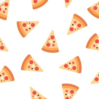 Pizza dilimleri, fast food menüsü, karton kutuda pizza, İtalyan sıcak fast food ve erimiş peynirli dilimler, üçgen kesilmiş parça, beyaz arka planda izole edilmiş pepperoni parçaları düz vektör çizimi..