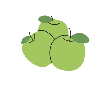 Taze elma ve yapraklar, doğal organik aperatifler, sağlıklı vitamin yiyecekler, tüm olgun meyveler, doğal olgun yiyecekler, meyve düzlüğü çizimleri..