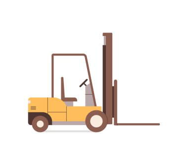 Forklift, depo endüstriyel kaldırma makineleri, iniş kutuları için ekipman, kaldırmalı forklift yükleyici, depo kamyonu, palet için makine, düz vektör çizimi.