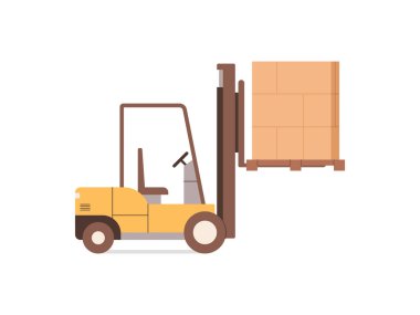 Forklift, depo endüstriyel kaldırma makineleri, iniş kutuları için karton paketlerle forklift, kaldırmalı forklift yükleyici, palet için makineler, düz vektör çizimi.