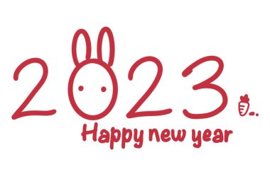 Rabbit sticker with 2023 caption. Happy New Year 2023. Greeting card with text 2023. 