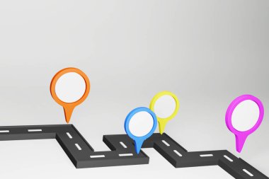 Haritada yer belirleyici işareti ya da GPS yön bulma simgesi işareti. 3 boyutlu gerçekçi yaratıcı kavramsal sembol, sevimli çizgi film tarzında arama konsepti. Vektör illüstrasyonu