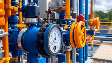 Mavi ve sarı vanaları, göstergeleri ve kontrol mekanizmaları olan endüstriyel boru sistemlerine yakın çekim. Açık hava ayarı, gündüz aydınlatma.