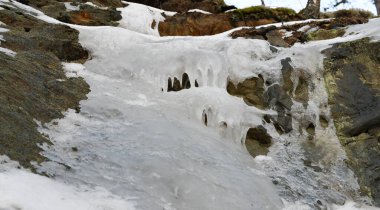 Icy rock wall with icicles in the forest