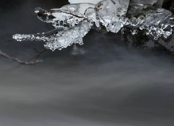 Close-up of rushing water in the forest in winter