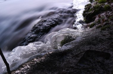 Close-up of wintery rapid in the forest
