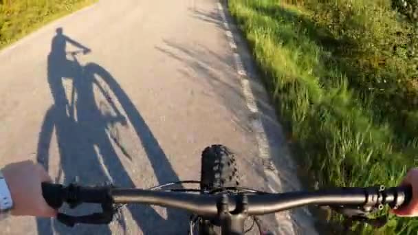 Middle Aged Woman Riding Bike Sunny Country Road — Stock Video