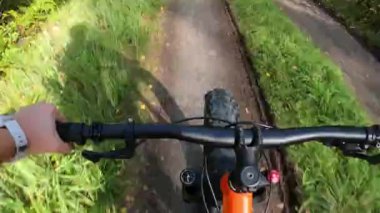 Doğada şişman bir bisiklet süren orta yaşlı bir kadın. 