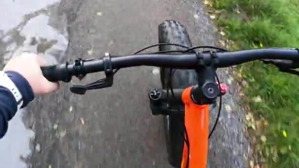 Mujer Mediana Edad Montando Una Bicicleta Neumática Gorda Naturaleza — Vídeos de Stock