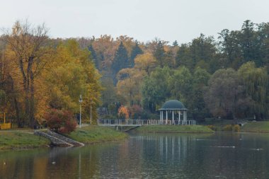 Feofani. Sonbaharda, Feofania 'da sonbahar yapraklarıyla çevrili parktaki çardak. Yüksek kalite fotoğraf