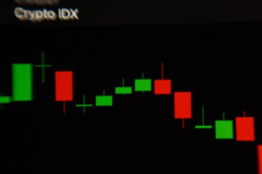 graph on the stock exchange in red and green colors on the phone. photographed with an old lens with blur around the edges. High quality photo