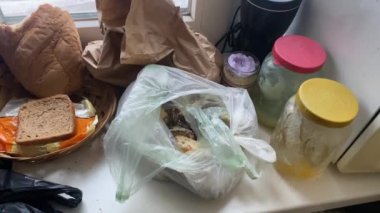 shot of dry bread on the windowsill of an old house. High quality FullHD footage