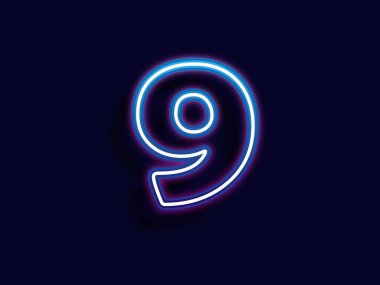 Neon etkisi dokuz numara işareti. Mavi renk parlak sayı tasarımı, vektör illüstrasyonu