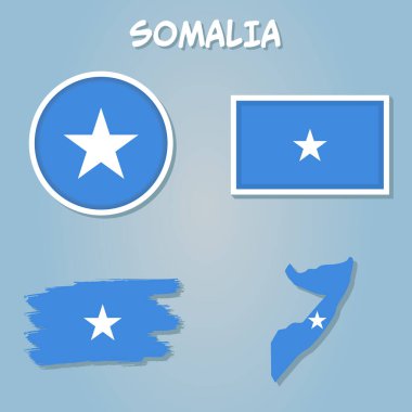 Mavi arka planda Somali haritası, üzerinde Somali bayrağı var..