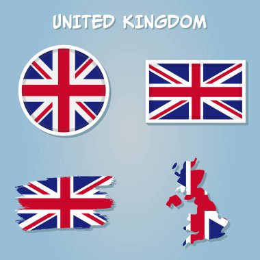 Birleşik Krallık haritası ve bayrağı mavi arkaplanda